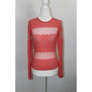 Estam Womens Coral Pink Popcorn Lace‎ Sheer Mesh Striped Long Sleeve Top Size S